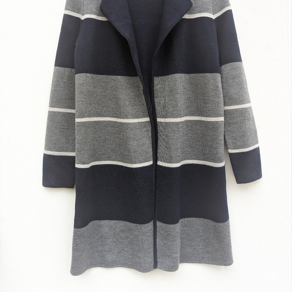 TALBOTS pure merino wool navy gray colorblock open front long cardigan coatigan - Picture 5 of 8